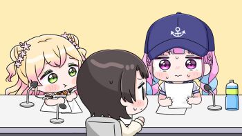 3girls :t anchor_symbol baseball_cap blonde_hair blue_hair blue_hat blue_sailor_collar blush_stickers bottle braid brown_background brown_hair brown_shirt chibi closed_mouth double_bun gradient_hair green_eyes hair_bun hat hololive long_sleeves low_twintails microphone minato_aqua minato_aqua_(sailor) mochimiko momosuzu_nene momosuzu_nene_(1st_costume) multicolored_hair multiple_girls oozora_subaru oozora_subaru_(casual) pink_hair pout puffy_long_sleeves puffy_short_sleeves puffy_sleeves sailor_collar school_uniform serafuku shirt short_sleeves simple_background sweat table twin_braids twintails two-tone_hair two_side_up virtual_youtuber water water_bottle white_shirt