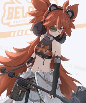 1girl 606_haochuangshangren absurdres ahoge animal_ears bare_shoulders bear_ears black_gloves breasts commentary crop_top eyepatch fake_animal_ears fingerless_gloves gloves hair_between_eyes hair_ornament highres holding koleda_belobog long_hair looking_at_viewer midriff navel original pants red_eyes red_hair small_breasts solo sphere_hair_ornament symbol-only_commentary twintails zenless_zone_zero