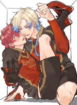 2boys alexis_ness black_gloves blonde_hair blue_eyes blue_hair blue_lock blush box commentary_request gloves gradient_hair highres in_box in_container kneehighs legs_up long_sleeves looking_at_another male_focus michael_kaiser multicolored_hair multiple_boys nownow1009 open_mouth red_eyes red_hair shadow short_hair short_hair_with_long_locks simple_background smile soccer_uniform socks sportswear teeth trapped two-tone_hair upper_teeth_only yaoi
