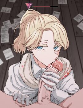 1boy 1girl bar_censor blonde_hair blood blood_on_clothes bloodborne blue_eyes capelet censored colored_eyelashes commentary curtained_hair english_commentary erection eyes_visible_through_hair fellatio fringe_trim fromsoftware gameplay_mechanics gloves hand_on_another&#039;s_penis hand_on_another&#039;s_thigh heads-up_display hetero highres indoors iosefka large_penis licking licking_penis looking_at_viewer oral papers parted_bangs penis penis_grab pointless_censoring ponytail pov pov_crotch saliva scarf shino_(yaruki_nai_yatsu) short_hair solo_focus tongue tongue_out user_interface veins veiny_penis white_capelet white_gloves white_scarf