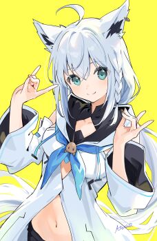 1girl above-cleavage_cutout absurdres ahoge animal_ear_fluff animal_ear_piercing animal_ears aqua_eyes bare_shoulders black_collar black_shorts black_sleeves blue_neckerchief braid braided_sidelock closed_mouth clothing_cutout collar detached_sleeves double-parted_bangs double_fox_shadow_puppet earrings extra_ears fox_ears fox_girl fox_shadow_puppet from_above hair_between_eyes highres hololive hood hooded_jacket hoop_earrings jacket jewelry long_hair long_sidelocks low_ponytail midriff navel neckerchief ponytail shirakami_fubuki shirakami_fubuki_(1st_costume) shorts sidelocks simple_background single_braid sleeveless sleeveless_jacket smile solo two-sided_sleeves upper_body urata_asao very_long_hair virtual_youtuber white_hair white_sleeves yellow_background