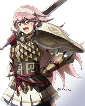 1girl :d armor artist_name commentary_request fire_emblem fire_emblem_fates fire_emblem_heroes gloves hair_between_eyes hairband hand_on_own_hip highres holding holding_sword holding_weapon long_hair long_sleeves looking_at_viewer nintendo official_alternate_costume open_mouth pink_eyes pink_hair pochi_(furaigonn) puffy_sleeves red_gloves shield smile soleil_(fire_emblem) soleil_(resplendent)_(fire_emblem) solo sword twitter_username very_long_hair weapon white_background