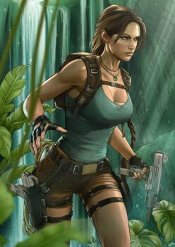 1girl aqua_leotard aqua_tank_top backpack bag belt blurry blurry_foreground braid breasts brown_bag brown_eyes brown_hair brown_shorts cleavage commentary english_commentary facing_to_the_side fingerless_gloves gloves gun highres holding holding_gun holding_weapon holster illyne_cosplay jewelry jungle lara_croft large_breasts leotard lips looking_to_the_side mini_uzi nature necklace nose outdoors parted_bangs realistic rope shorts single_braid solo solo_focus submachine_gun sunlight tank_top thigh_holster thigh_strap tomb_raider trigger_discipline upper_body water waterfall weapon