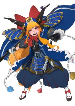 1girl armor black_horns bow chain cube dou footwear_bow full_body highres horn_bow horn_ornament horn_ribbon horns ibuki_suika japanese_armor katana kusazuri long_hair low-tied_long_hair oni orange_hair orb polearm pyramid_(geometry) ribbon samurai shibata_katsuie_(real_life) shoulder_armor sidelocks sode solo suneate sword touhou very_long_hair wakizashi weapon wrist_cuffs yatsu_(yaxtu1029)