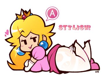 1girl arched_back artist_logo blonde_hair breasts commentary crown dress earrings english_commentary english_text feet_up from_side gold_crown highres hooked_on_heel jewelry lace_pantyhose_hooked_on_heel_(meme) legendofnerd logo long_hair looking_at_viewer lying mario_(series) meme nintendo pantyhose pantyhose_tug paper_mario paper_peach pink_dress pointed_crown princess_peach print_pantyhose puffy_short_sleeves puffy_sleeves short_sleeves smirk solo sphere_earrings