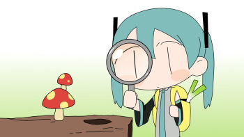 1girl aqua_hair backpack bag chibi closed_mouth detached_sleeves expressionless gradient_background hatsune_miku holding holding_magnifying_glass holding_strap log long_necktie long_sleeves magnifying_glass mushroom no_nose solo spring_onion torla16 twintails vocaloid wide_sleeves yellow_bag |_|