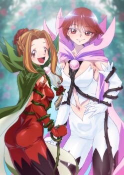 Rule 34 | 2girls, ass, black thighhighs, bodysuit, breasts, brown hair, cape, cosplay, digimon, digimon adventure, digimon savers, fujieda yoshino, gerusyu, hand on own hip, long hair, looking at viewer, medium hair, multiple girls, open mouth, ponytail, red bodysuit, rosemon, rosemon (cosplay), rosemon burst mode, rosemon burst mode (cosplay), small breasts, smile, tachikawa mimi, thighhighs, thorns, whip, white bodysuit