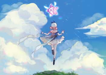 Rule 34 | 1girl, back bow, bare legs, bare shoulders, beads, beret, black shoes, bloomers, blue bow, blue choker, blue dress, blue sky, blue sleeves, blue wrist cuffs, bow, bubbly voyage (infinity nikki), chinese commentary, choker, cliff, cloud, cloudy sky, commentary request, cross-laced clothes, cross-laced dress, day, detached sleeves, dress, floating clothes, flower, frilled choker, frilled dress, frilled sleeves, frilled socks, frilled wrist cuffs, frills, from behind, full body, grass, hair rings, hat, hat bow, highres, infinity nikki, jumping, leg up, lens flare, mary janes, nikki (nikki), nikki (series), notice lines, outdoors, pink hair, shoes, short dress, short hair, short sleeves, shuang yuda zhanglang, sky, socks, solo, star (symbol), strapless, strapless dress, striped bow, underwear, whimstar (infinity nikki), white bloomers, white hat, white socks, wrist cuffs, yarn