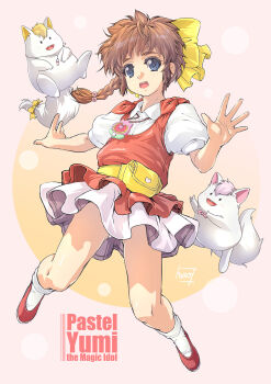 1girl :d blue_eyes bow braid brown_hair cat copyright_name fanny_pack full_body hanazono_yumi hand_up highres jewelry long_hair magical_girl mahou_no_idol_pastel_yumi mao_(6r) necklace open_mouth red_shoes shoes short_sleeves skirt smile socks yellow_bow