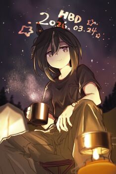 1girl animal_ears backpacking_stove black_hair black_shirt brown_eyes brown_hair brown_pants calming_ripples camping camping_chair casual chair closed_mouth commentary_request cup ear_covers fire folding_chair hair_between_eyes highres holding holding_cup horse_ears horse_girl long_hair looking_at_viewer multicolored_hair night pants portable_stove shirt sky smile star_(sky) stay_gold_(casual)_(umamusume) stay_gold_(umamusume) streaked_hair tent umamusume watch white_hair wristwatch