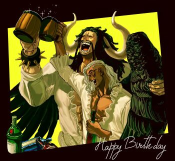 2boys arm_up asymmetrical_hair bisphonate black_hair black_wings bottle bracelet braid center_frills center_opening cup curled_horns dark-skinned_male dark_skin facial_hair facial_tattoo fang feathered_wings bad_tag frilled_shirt frills grey_hair height_difference highres holding holding_bottle holding_cup horns jewelry kaidou_(one_piece) king_(one_piece) long_hair male_focus mug multiple_boys muscular muscular_male mustache one_piece pectorals shirt single_braid smile spiked_bracelet spikes tattoo toasting_(gesture) wings wooden_cup