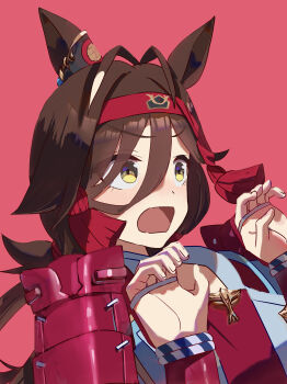 1girl absurdres animal_ears antenna_hair armor blue_jacket breasts brown_hair commentary_request ear_ornament hair_between_eyes headband highres holding horse_ears horse_girl jacket japanese_armor jinbaori kote long_hair no_reason_(umamusume) no_uwazumi open_mouth pink_background red_shirt shirt shoulder_armor simple_background small_breasts smile sode solo umamusume upper_body v-shaped_eyebrows white_background