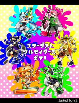 6+girls aji_(coastal_area) animal_ears artist_name bike_shorts blonde_hair blue_eyes blue_hair cherry cosplay dog_ears dress earrings english_text engrish_text fake_animal_ears fangs food fruit green_dress green_eyes green_hair green_shirt grin hat head headphones highres hood iggy_(jojo) iggy_(jojo)_(cosplay) inkbrush_(splatoon) inkling inkling_girl inkling_player_character jacket jean_pierre_polnareff jean_pierre_polnareff_(cosplay) jewelry jojo_no_kimyou_na_bouken joseph_joestar joseph_joestar_(cosplay) joseph_joestar_(old) jpeg_artifacts kakyoin_noriaki kakyouin_noriaki_(cosplay) kuujou_joutarou kuujou_joutarou_(cosplay) leg_up letterboxed long_coat long_hair mohammed_avdol mohammed_avdol_(cosplay) multiple_girls nintendo one_eye_closed open_mouth orange_eyes orange_hair ornament outline paint_can paint_roller paint_splatter paintbrush pantyhose pink_eyes pink_hair pleated_skirt pointy_ears polka_dot polka_dot_background pouch ranguage scarf shirt shoes shorts shorts_under_skirt skirt smile sneakers splat_roller_(splatoon) splatoon_(series) splatoon_1 splattershot_(splatoon) splattershot_jr._(splatoon) squid super_soaker tentacle_hair track_jacket translation_request wrist_cuffs yellow_eyes