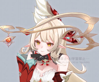 1girl alice_(genshin_impact) aqua_sleeves bare_shoulders blonde_hair blue_gemstone chicanaction closed_mouth collar cowlick cross-shaped_pupils detached_collar detached_sleeves dress eyelashes feather_hair_ornament feathers gem genshin_impact gold_halo grey_background hair_ornament hand_on_own_face head_rest highres layered_sleeves long_hair looking_to_the_side male_focus pointy_ears pyro_symbol_(genshin_impact) red_collar red_gemstone red_sleeves smile solo symbol-shaped_pupils vision_(genshin_impact) watermark white_dress yellow_eyes yellow_pupils