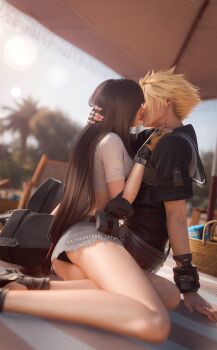 1boy 1girl 3d arm_support ass bare_legs beach beach_towel beach_umbrella bikini bikini_under_clothes black_bikini black_hair black_sailor_collar black_shirt black_shorts blonde_hair blurry blurry_background cloud_strife cloud_strife_(maritime_sailor) commentary couple denim denim_skirt english_commentary feet_out_of_frame final_fantasy final_fantasy_vii final_fantasy_vii:_ever_crisis frayed_skirt from_side grey_skirt hand_on_another&#039;s_chest hand_on_another&#039;s_head highres kiss legs long_hair low-tied_long_hair miniskirt official_alternate_costume outdoors palm_tree profile sailor_collar shirt short_sleeves shorts sitting skirt spiked_hair sreliata swimsuit tifa_lockhart tifa_lockhart_(lifeguard) towel tree umbrella white_shirt yokozuwari