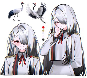 1girl absurdres animification bird black_skirt blush dress grey_dress grey_skirt hair_over_one_eye haze_(7h4ze) highres long_hair multiple_views original red_eyes shirt simple_background skirt smile solo white_background white_hair