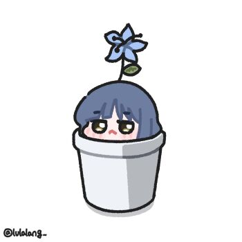 Rule 34 | 1girl, :<, blue flower, blue hair, bocchi the rock!, chibi, chibi only, closed mouth, flower, flower on head, flower pot, green eyes, highres, in pot, looking to the side, lulalang, short hair, simple background, solo, white background, yamada ryo