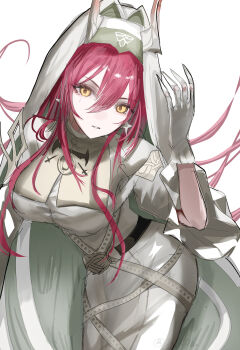1girl absurdres arknights ascalon_(arknights) ascalon_(phototaxis)_(arknights) breasts dress gloves highres horns horobu long_hair looking_at_viewer official_alternate_costume red_hair simple_background solo teardrop_facial_mark veil white_background white_dress white_gloves white_veil yellow_eyes