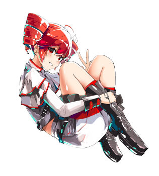 Rule 34 | absurdres, ahoge, belt, black belt, black boots, black skirt, blush, boots, bow, drill hair, from side, full body, grey jacket, grey skirt, grin, hair between eyes, hair bow, hair ribbon, highres, jacket, kasane teto, kasane teto (sv), kneehighs, lace-up boots, layered skirt, layered sleeves, long sleeves, looking at viewer, midriff peek, mp777b, platform boots, red eyes, red skirt, red socks, red trim, ribbon, shoulder belt, simple background, skirt, smile, socks, synthesizer v, twin drills, utau, v, white background, white bow, white ribbon