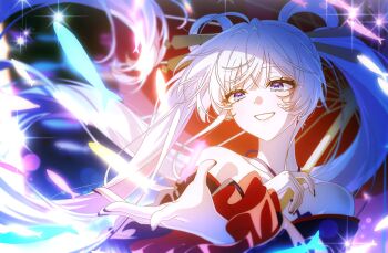 1girl bare_shoulders black_background blue_eyes cho_kaguya-hime! commentary_request duck_sal feathers floating_hair frilled_sleeves frills glowing hair_floating_upwards hair_ornament hair_rings hair_stick hands_up highres japanese_clothes kimono korean_commentary long_hair nail_polish red_umbrella runami_yachiyo smile solo sparkle twintails umbrella upper_body very_long_hair white_hair