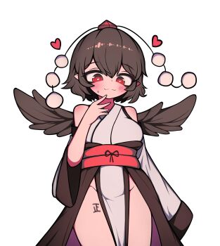 Rule 34 | 1girl, :3, absurdres, bare shoulders, black dress, black hair, blush, breasts, closed mouth, clothing cutout, commentary request, cowboy shot, double-parted bangs, dress, feathered wings, groin, hair between eyes, hand up, hat, heart, heart-shaped pupils, hh, highres, kourindou tengu costume, large breasts, leg tattoo, looking at viewer, pelvic curtain, pointy ears, red eyes, red hat, shameimaru aya, short hair, shoulder cutout, simple background, small sweatdrop, smile, solo, standing, symbol-shaped pupils, tally, tattoo, tokin hat, touhou, two-tone dress, white background, white dress, wings