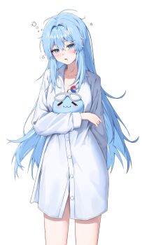 1girl absurdres arahashi_tabi arm_at_side blue_eyes blue_hair breasts cleavage commentary_request cowboy_shot double-parted_bangs hair_between_eyes hair_intakes highres korean_commentary long_bangs long_hair long_sleeves looking_at_viewer mwik no_pants parted_lips pungdangi_(arahashi_tabi) shirt simple_background sleepwear solo squeans standing stellive very_long_hair virtual_youtuber waking_up white_background white_shirt