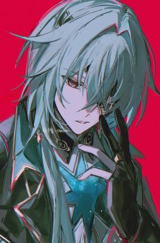 Rule 34 | 1boy, anaxa (honkai: star rail), aqua hair, black gloves, black jacket, chain, eyepatch, gloves, hair between eyes, hair intakes, hand up, highres, honkai: star rail, honkai (series), jacket, lapels, looking at viewer, male focus, mandarin collar, medium hair, messy hair, mg omom, notched lapels, one eye covered, parted lips, partially fingerless gloves, red background, shirt, side ponytail, solo, teeth, twitter username, upper body, white shirt