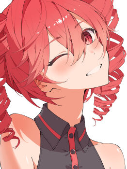 1girl absurdres bare_shoulders black_shirt blush buttons collared_shirt commentary crossed_bangs drill_hair english_commentary grin hair_between_eyes head_tilt hedaruma369 highres kasane_teto kasane_teto_(utau) looking_at_viewer one_eye_closed portrait red_eyes red_hair shirt sidelocks simple_background sleeveless sleeveless_shirt smile solo tareme teeth twin_drills utau white_background