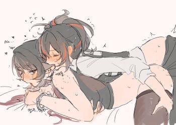 2girls absurdres animal_ears bed bite_mark biting biting_ear black_hair black_shirt blush closed_eyes cuffs drooling eardoor_1022 green_eyes groping handcuffs highres implied_futanari jane_doe_(zenless_zone_zero) korean_commentary long_hair moaning mouse_ears mouse_girl mouse_tail mouth_drool multicolored_hair multiple_girls on_bed open_mouth police police_uniform policewoman ponytail red_hair saliva shirt short_hair sleeveless sleeveless_shirt sleeveless_turtleneck streaked_hair sweater tail thighhighs turtleneck turtleneck_sweater uncensored zenless_zone_zero zhu_yuan