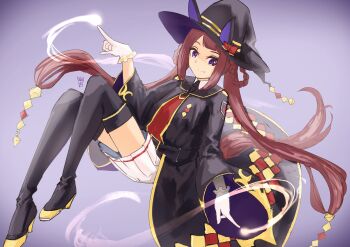 Rule 34 | 1girl, absurdres, animal ears, black necktie, black robe, black thighhighs, braid, braided hair rings, brown hair, cloak, closed mouth, collared shirt, gloves, hair rings, hat, hat with ears, highres, horse ears, horse girl, horse tail, long hair, looking at viewer, magic, necktie, ootato, open cloak, open clothes, purple eyes, red sweater vest, robe, shirt, shoes, simple background, skirt, smile, solo, sweater vest, sweep tosho (platanus witch) (umamusume), sweep tosho (umamusume), tail, thighhighs, twintails, umamusume, white gloves, white shirt, white skirt, witch hat