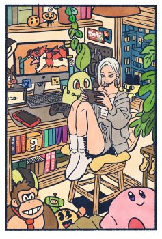 1girl android_18 blonde_hair building camisole cellphone chikorita collarbone computer controller donkey_kong donkey_kong_(series) dragon dragon_ball dragon_ball_(object) dragonball_z ear_piercing earrings eyelashes eyeshadow game_controller gen_2_pokemon gradient_hair grey_eyes grey_hoodie grey_skirt headphones highres hood hooded_jacket hoodie indoors jacket jewelry kirby kirby_(series) knees makeup medium_hair multicolored_hair nail_polish nintendo nintendo_switch open_clothes open_jacket orange_eyeshadow original pac-man pac-man_(game) parted_hair phone piercing pink_nails plant playing_games pokemon sitting skirt smartphone socks solo sticker straight_hair takeuchi_ryousuke thighs white_camisole white_socks window