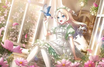 Rule 34 | 1girl, :d, accurate lolita coord, bird, bird on hand, blonde hair, blue bird, blue eyes, blue hair, bow, bow hairband, cupboard, dress, dutch angle, fang, feet out of frame, flower, flower in mouth, game cg, gradient hair, green bow, green dress, green ribbon, hairband, highres, link! like! love live!, lolita fashion, love live!, medium dress, mouth hold, multicolored hair, neck ribbon, non-web source, official art, on windowsill, open mouth, osawa rurino, outdoors, pantyhose, parted bangs, pink flower, poupee en lotus (love live!), puffy short sleeves, puffy sleeves, purple flower, ribbon, short sleeves, sitting, smile, solo, two side up, virtual youtuber, white pantyhose
