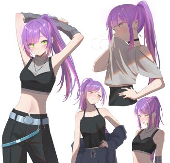 1girl alternate_costume alternate_hairstyle arm_warmers armpits arms_behind_head arms_up averting_eyes barbell_piercing belt black_camisole black_choker black_pants black_sports_bra blue_belt blush breasts breath camisole choker closed_mouth clothing_cutout commentary covered_mouth cowboy_shot cropped_shirt cropped_torso ear_piercing earrings embarrassed eyelashes furrowed_brow green_eyes grey_arm_warmers grey_jacket grey_shirt hand_on_own_hip highres hololive industrial_piercing jacket jewelry long_hair midriff_peek multicolored_hair multiple_views nametakeko navel navel_piercing necklace o-ring o-ring_belt off_shoulder open_clothes open_fly open_jacket pants parted_bangs parted_lips piercing pink_hair ponytail profile purple_hair shirt shoulder_cutout sidelocks silver_belt simple_background sleeveless sleeveless_shirt small_breasts sports_bra standing stomach streaked_hair stretching sweatdrop sweatpants swept_bangs tokoyami_towa tongue tongue_out turtleneck turtleneck_shirt two-tone_hair virtual_youtuber white_background wiping_mouth wiping_sweat