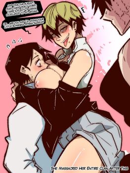 Rule 34 | 1boy, 2girls, bare shoulders, blush, breasts, burn scar, commentary, english commentary, english text, genderswap, genderswap (mtf), girl on top, highres, jujutsu kaisen, large breasts, mark gavatino, multiple girls, nipples, okkotsu yuuta, open mouth, scar, sleeveless, speech bubble, tagme, tongue, tongue out, zen'in maki, zen'in naoya