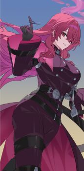 1girl belt breasts buttons double-breasted duel_monster exosister_karmael exosister_martha gloves heichi highres index_finger_raised large_breasts long_hair pants purple_eyes purple_hair solo thigh_belt thigh_strap very_long_hair yu-gi-oh!