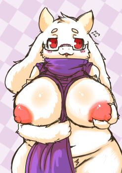 artist_request breasts furry glasses goat highres nipples red_eyes toriel undertale utdr_(toby_fox)