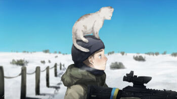 Rule 34 | 1boy, ak-74m, animal, animal on head, assault rifle, black hat, blue sky, cat, cat on head, day, expressionless, from side, gun, hat, holding, holding weapon, kalashnikov rifle, kikurina, looking to the side, male focus, military uniform, on head, optical sight, original, outdoors, pet, portrait, rifle, russo-ukrainian war, second-party source, sky, soldier, ukraine, ukrainian flag, war, weapon, white cat, winter, winter clothes, winter uniform