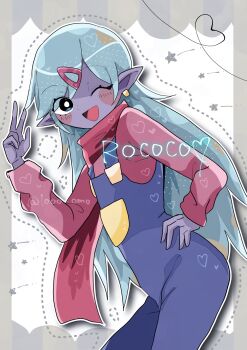 1000_omo 1boy alternate_eye_color artist_name black_eyes blue_overalls blush bright_pupils colored_skin earrings green_hair hair_ornament hairclip hand_on_own_hip highres jewelry long_hair long_sleeves looking_at_viewer male_focus omori one_eye_closed open_mouth overalls pink_sweater pointy_ears purple_skin red_scarf rococo_(omori) scarf smile solo sweater swept_bangs twitter_username white_pupils