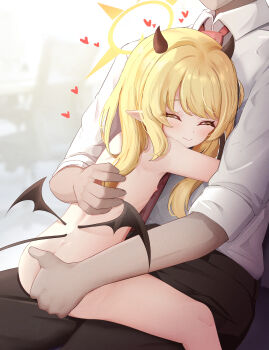 1boy 1girl absurdres asymmetrical_hair black_horns black_pants black_ribbon black_tail black_wings blonde_hair blue_archive closed_eyes closed_mouth clothed_male_nude_female collared_shirt commentary_request completely_nude demon_girl demon_horns demon_tail demon_wings flasher_(flasher_ura) flat_chest girl_on_top grabbing_another&#039;s_ass groping hair_ribbon halo heart hetero highres horns ibuki_(blue_archive) loli long_hair necktie nipples nude paid_reward_available pants pointy_ears red_necktie ribbon shirt side_ponytail straddling tail upright_straddle variant_set white_shirt wings yellow_halo