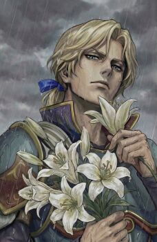 Rule 34 | 1boy, absurdres, armor, blue eyes, blue ribbon, bouquet, breastplate, closed mouth, cloud, cloudy sky, commentary, edgar roni figaro, english commentary, final fantasy, final fantasy vi, flower, frown, hair ribbon, highres, holding, holding bouquet, holding flower, lily (flower), locke otaku, looking at viewer, male focus, outdoors, parted hair, pauldrons, rain, ribbon, shoulder armor, sky, solo, white flower