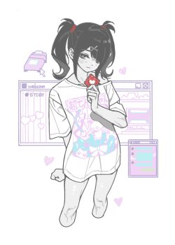 1girl absurdres ame-chan_(needy_girl_overdose) bed black_hair chinese_commentary chouzetsusaikawa_tenshi-chan closed_mouth commentary_request condom cowboy_shot cropped_legs cursor denovo320 hair_ornament hair_over_one_eye hand_up heart highres holding holding_condom long_hair looking_at_viewer needy_girl_overdose print_shirt shirt short_sleeves smile solo standing t-shirt twintails white_background white_shirt window_(computing) x_hair_ornament