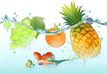 Rule 34 | 1girl, ano (sbee), ariel (disney), artist name, bikini, bikini top only, blue eyes, bubble, disney, fish, flounder (the little mermaid), food, fruit, grapes, happy, lipstick, long hair, looking up, makeup, mermaid, monster girl, orange (fruit), pineapple, red hair, shell, shell bikini, simple background, smile, swimsuit, the little mermaid (disney), underwater, water, white background