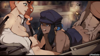 1boy 2girls ass ball_guy bisexual_female blue_eyes blush breasts car car_interior dark-skinned_female dark_skin doggystyle earrings exhibitionism eyewear_on_head ffm_threesome grabbing_another's_ass green_eyes groping group_sex hair_ornament heart heart_hair_ornament hetero holding holding_phone jewelry large_breasts long_hair motor_vehicle multiple_girls nessa_(pokemon) nintendo nipples open_mouth orange_hair orphen_(pink_seito) penis phone pokemon pokemon:_twilight_wings pokemon_swsh public_indecency pussy recording sex sex_from_behind smile sonia_(pokemon) threesome uncensored