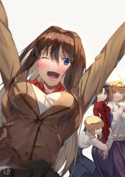 4girls ahoge aozaki_aoko arcueid_brunestud arms_up artoria_pendragon_(fate) ass bad_id bad_pixiv_id blonde_hair blue_eyes blue_kimono blue_skirt braid breasts brown_hair brown_jacket buttons club3 collared_shirt dress_shirt fate/stay_night fate_(series) food french_braid green_eyes grey_eyes grin hair_between_eyes hair_bun hair_intakes highres jacket japanese_clothes kara_no_kyoukai kimono long_hair long_skirt long_sleeves mahou_tsukai_no_yoru medium_breasts multiple_girls one_eye_closed open_mouth parted_bangs purple_skirt red_eyes red_jacket red_neckwear ryougi_shiki saber_(fate) sandwich shirt short_hair single_hair_bun skirt smile sweater tsukihime turtleneck type-moon white_shirt white_sweater