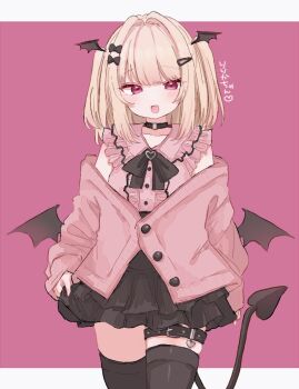1girl black_bow black_bowtie black_choker black_skirt black_thighhighs blonde_hair blunt_bangs bow bowtie buttons cardigan cardigan_partially_removed character_name choker commentary_request cowboy_shot demon_tail fang frilled_shirt frills hair_bow hair_intakes hair_ornament hairclip highres jirai_kei ksrgiing letterboxed long_hair open_mouth pink_background pink_cardigan pink_eyes pink_shirt ririka_(vrchat) shirt skindentation skirt solo tail thigh_strap thighhighs two_side_up vrchat wing_hair_ornament