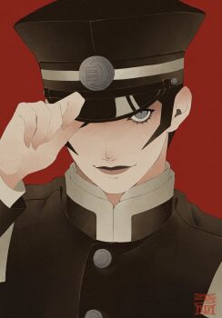 Rule 34 | 1boy, adjusting clothes, adjusting headwear, arm up, black hair, black jacket, commentary, devil summoner: raidou kuzunoha vs the soulless army, devil summoner (series), gakuran, grey eyes, hat, highres, jacket, kuzunoha raidou, looking at viewer, male focus, one eye covered, pertex 777, portrait, red background, school uniform, shako cap, short hair, sideburns, smile, solo, very short hair, yumizuki imperial high school uniform