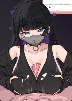 1boy 1girl absurdres bare_shoulders black_hair bocchi_the_rock! breasts clothed_female_nude_male clothed_sex collarbone colored_inner_hair commentary coubalty cum dark_background ejaculation english_commentary english_text fingernails grabbing_own_breast green_eyes heart highres huge_breasts long_fingernails looking_at_viewer marshmallow_(site) mask mouth_mask multicolored_hair nail_polish nude pa-san paizuri pov purple_hair purple_nails request_inset