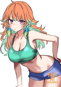1girl blue_shorts blush breasts cleavage collarbone crop_top earrings feather_earrings feathers gradient_hair green_hair green_tank_top hand_on_own_hip highres hololive hololive_english jewelry large_breasts leaning_forward long_hair looking_at_viewer midriff multicolored_hair navel orange_hair purple_eyes r_harbinger short_shorts shorts simple_background solo stomach takanashi_kiara tank_top virtual_youtuber white_background