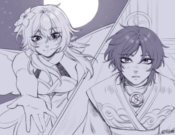 1boy 1girl alternate_universe artist_name bare_shoulders blunt_ends blush breasts cleavage closed_mouth door dress eyelashes feather_hair_ornament feathers flower full_moon genshin_impact hair_between_eyes hair_flower hair_ornament halterneck highres japanese_clothes kimono long_sleeves looking_at_viewer looking_down lumine_(genshin_impact) medium_breasts mitsudomoe_(shape) monochrome moon night nomi_owo offering_hand open_hand outdoors parted_lips reaching reaching_towards_another scaramouche_(genshin_impact) short_hair short_hair_with_long_locks sidelocks sky smile split_screen tomoe_(symbol) wings