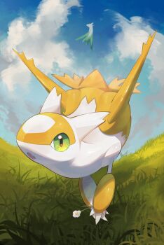 absurdres alternate_color blue_sky claws cloud cloudy_sky day fang flower flying foreshortening gen_3_pokemon grass green_eyes highres holding holding_flower latias latios legendary_pokemon looking_at_viewer nintendo no_humans nullma open_mouth outdoors pokemon pokemon_(creature) pokemon_focus shiny_pokemon skin_fang sky